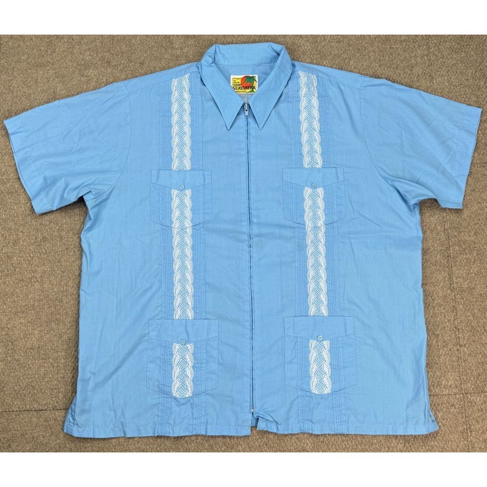 Haband Guayabera Men's Embroidered Full‎ Zip Short Sleeve Shirt Size Large